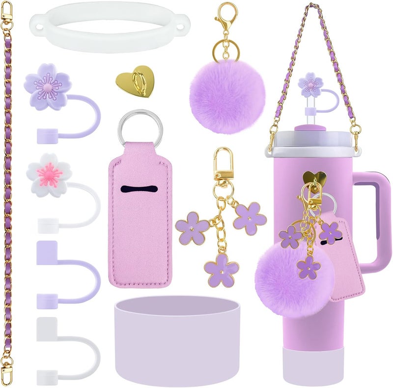 Velaco 11 PCS Accessories for Stanley Cup, Water Bottle Handle Strap for Stanley 30/40 oz tumbler with handle, including Straw Toppers, Silicone Cup Boot, Keychain Charms - Purple - Image 1